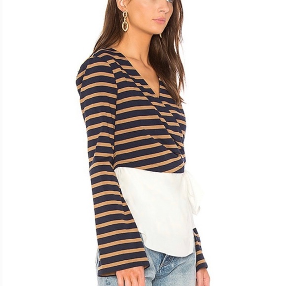 Like New! DEREK LAM 10 CROSBY Sz 4 Combo Stripe & Poplin Wrap Blouse in Midnight - Picture 2 of 8